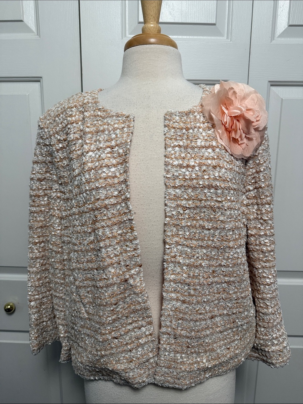 St. John Blush Bouclé Open-Front Jacket with Floral Pin